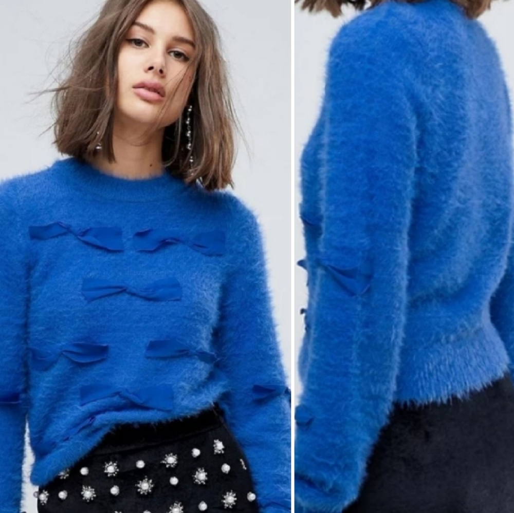 Lost Ink Fuzzy Bright Blue Bow Sweater L